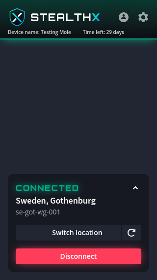 StealthX VPN app in the connected state